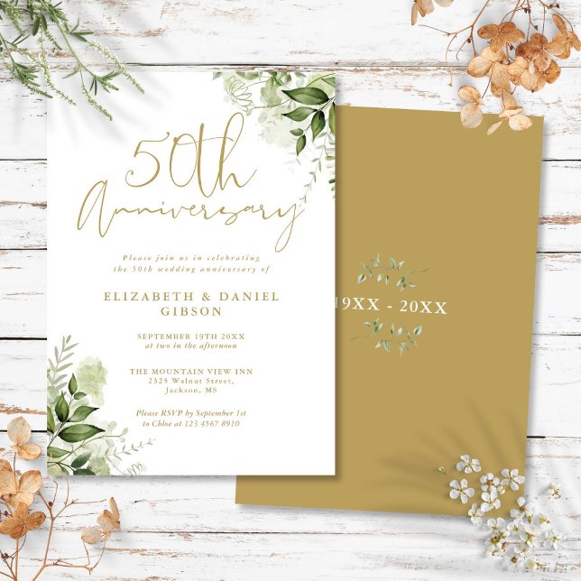 50th Wedding Anniversary Greenery Gold Script Einladung (50th Wedding Anniversary Greenery Gold Script Invitation)