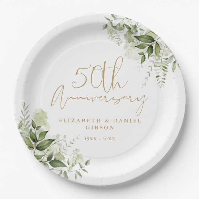 50th Wedding Anniversary Greenery Gold Script Pappteller (Vorderseite)