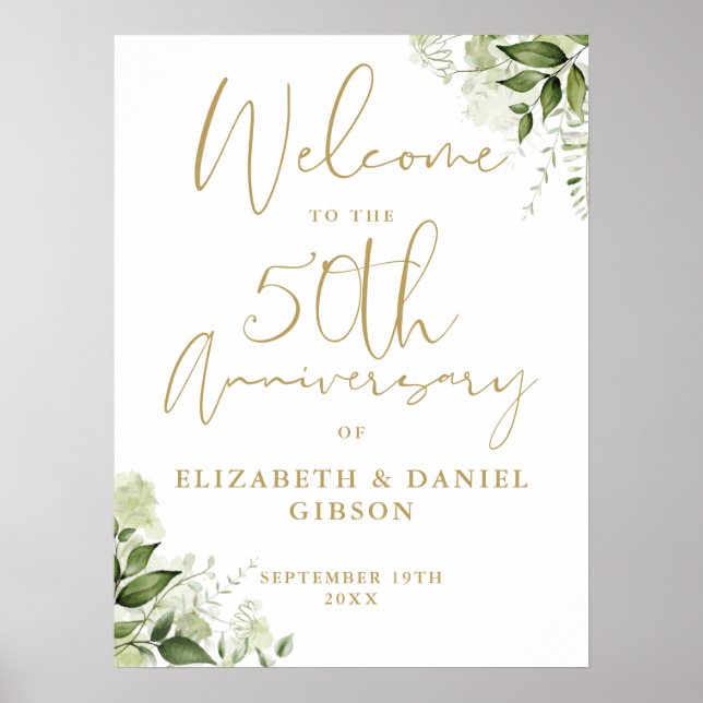 50th Wedding Anniversary Greenery Welcome Sign Poster (Vorne)