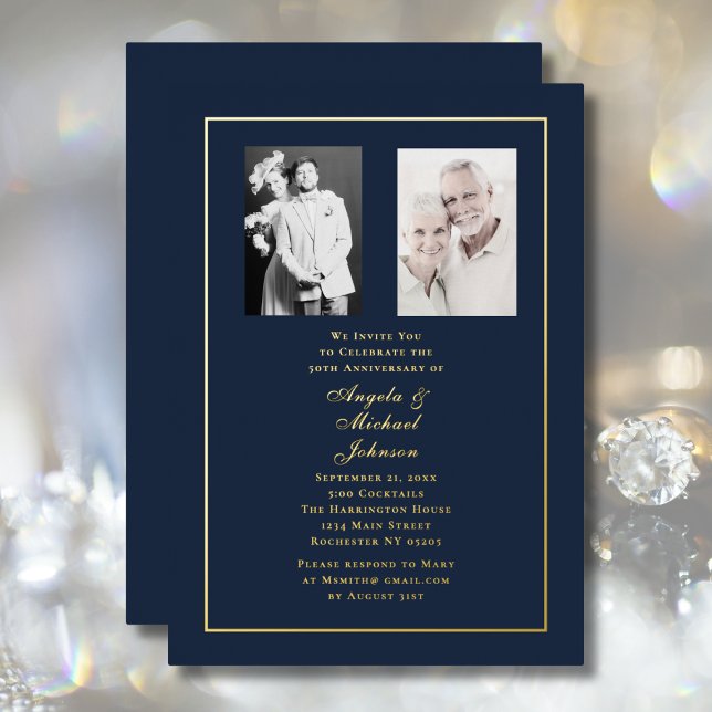 50th Wedding Anniversary Navy Gold Border   Folieneinladung (Von Creator hochgeladen)