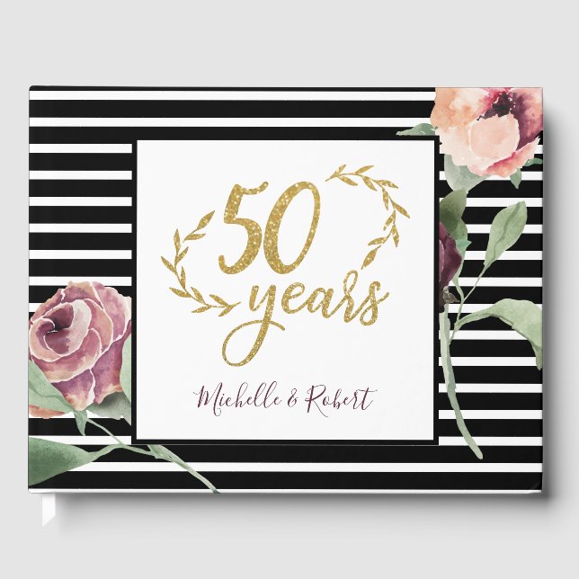50th Wedding Anniversary Red Rose Gold Glitter Gästebuch (Vorderseite)