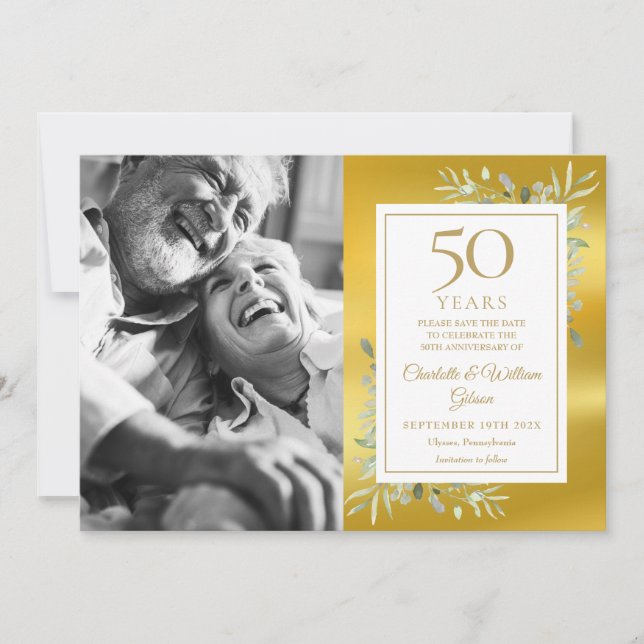 50th Wedding Jubiläum Greenery Gold Foil Foto Save The Date (Vorderseite)