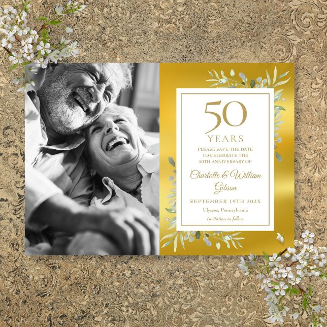 50th Wedding Jubiläum Greenery Gold Foil Foto Save The Date (50th Wedding Anniversary Greenery Gold Foil Photo Save The Date)