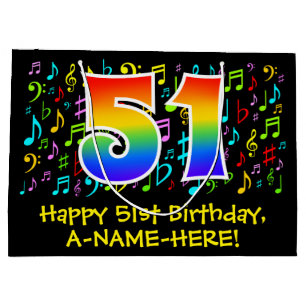 51. Geburtstag - Farbige Musiksymbole, Regenbogen  Große Geschenktüte