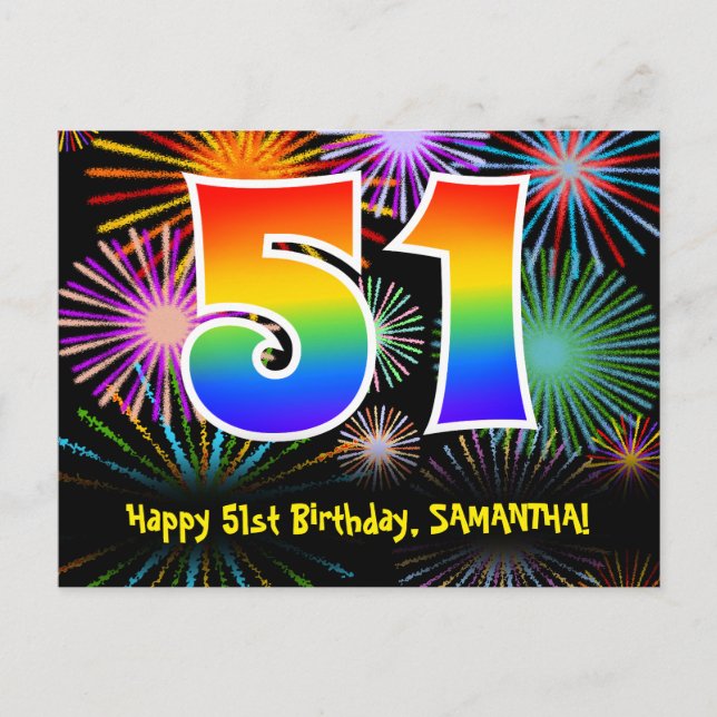 51. Geburtstag - Fun Fireworks Pattern + Regenboge Postkarte (Vorderseite)