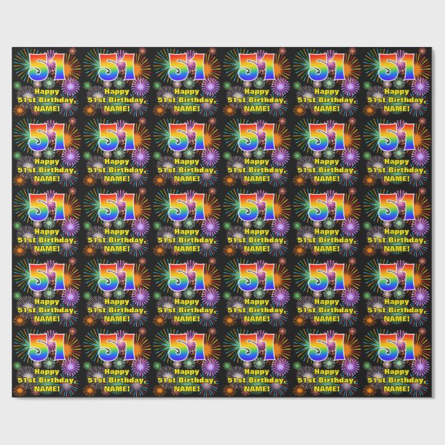 51. Geburtstag: Fun Fireworks, Rainbow Look # "51" Geschenkpapier (Flach)