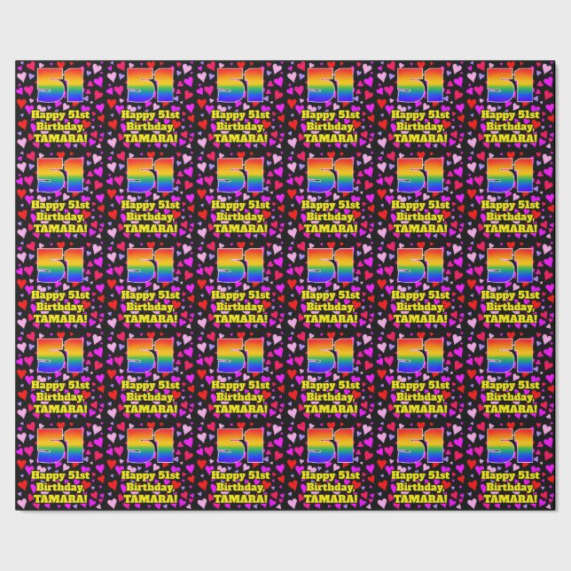 51. Geburtstag: Loving Hearts Pattern, Regenbogen  Geschenkpapier (Saum)