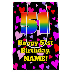 51. Geburtstag: Loving Hearts Pattern, Regenbogen Mittlere Geschenktüte