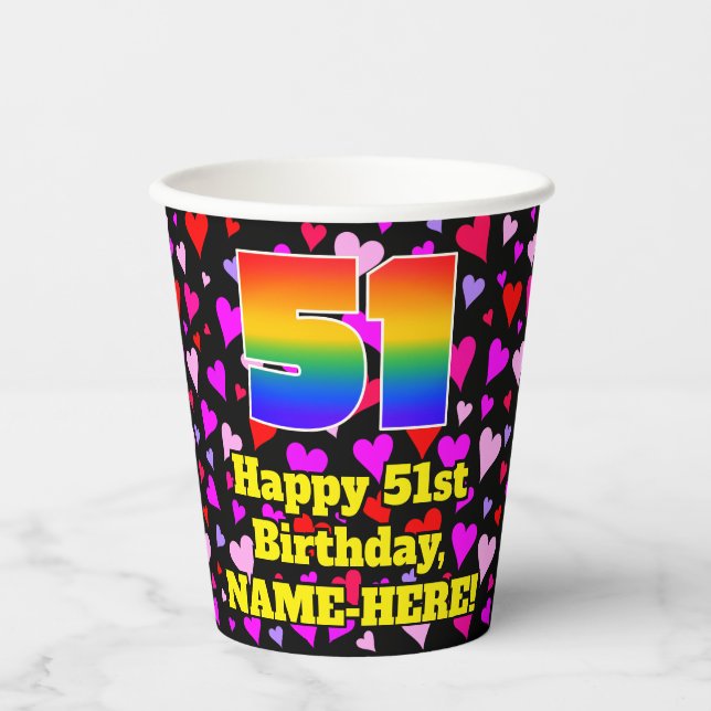 51. Geburtstag: Loving Hearts Pattern, Regenbogen  Pappbecher (Vorderseite)