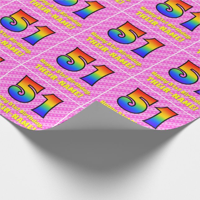 51. Geburtstag: Rosa Streifen & Herz, Regenbogen # Geschenkpapier (Ecke)