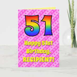 51. Geburtstag: Rosa Streifen & Herzen, Regenbogen Karte