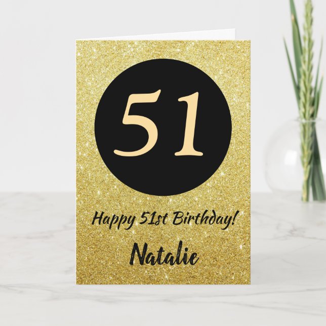 51. Happy Birthday Black and Gold Glitzer Card Karte (Vorderseite)