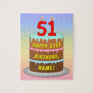 51st Birthday: Fun Cake and Candles + Custom Name Puzzle