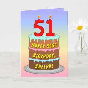 51st Birthday — Fun Cake & Candles, w/ Custom Name Karte