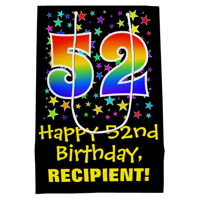 52. Geburtstag: Farbiges Sternenmuster & Regenboge Mittlere Geschenktüte (Rückseite)