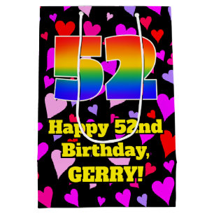 52. Geburtstag: Loving Hearts Pattern, Regenbogen Mittlere Geschenktüte