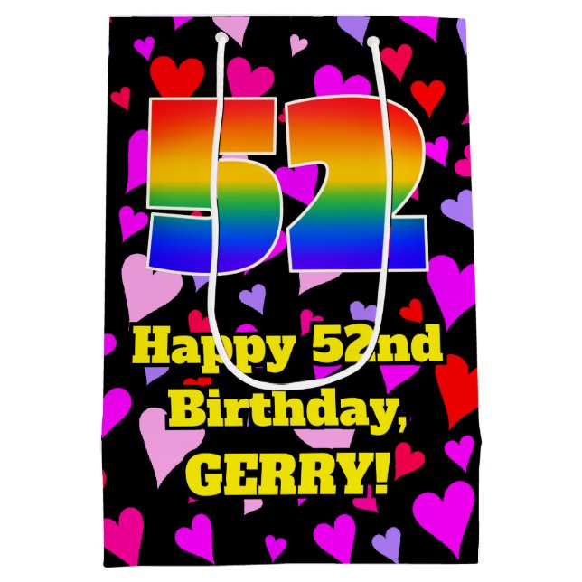 52. Geburtstag: Loving Hearts Pattern, Regenbogen  Mittlere Geschenktüte (Rückseite)