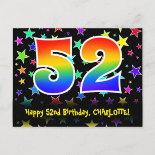 52. Geburtstag: Lustiges Sterne-Muster, Regenbogen Postkarte
