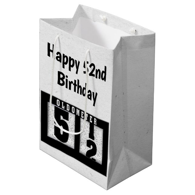 52. Geburtstag Schwarzes Odometer Mittlere Geschenktüte (Vorderseite Schrägansicht)