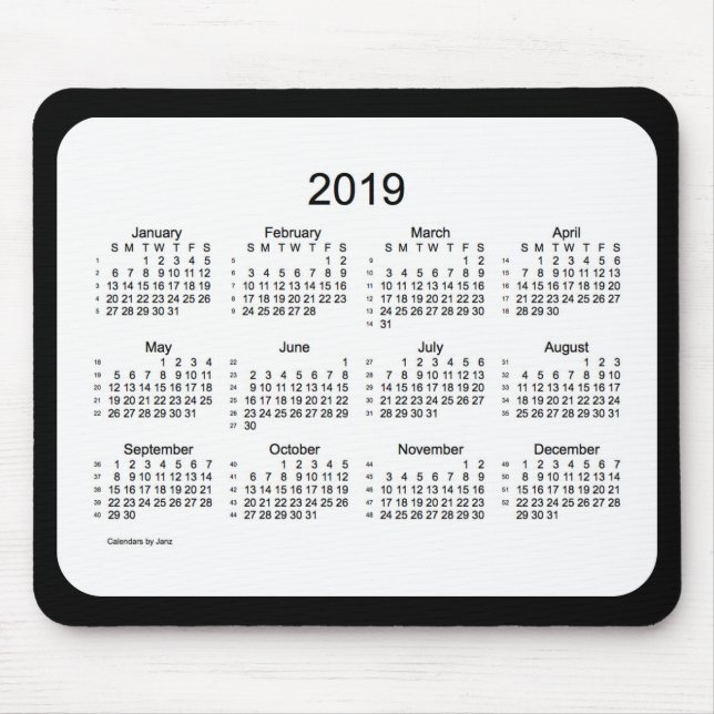 52 Kalender Schwarzweiss-Mousepad der Wochen-2019 Mousepad (Vorne)