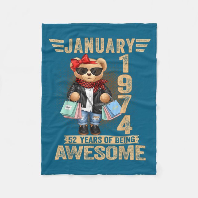 52 Year Old January 1974 Teddy Bear 52nd Birthday  Fleecedecke (Vorderseite)