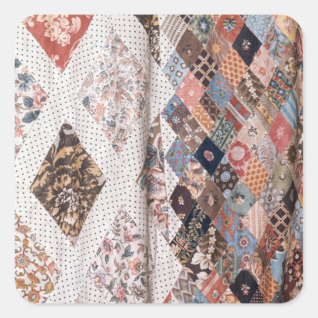 53:Detail eines Patchwork-Quilts von Frau. Quadratischer Aufkleber (Vorderseite)