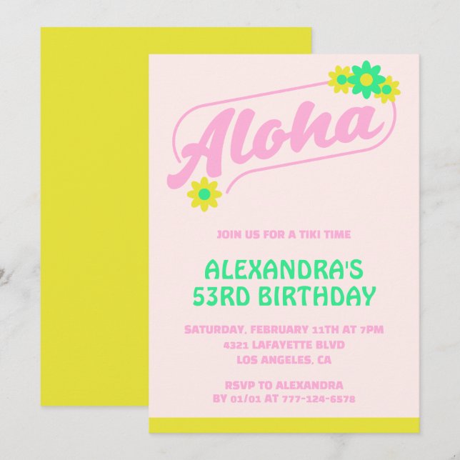 53. Geburtstag Einladungen Tropical Aloha Pink (Vorne/Hinten)
