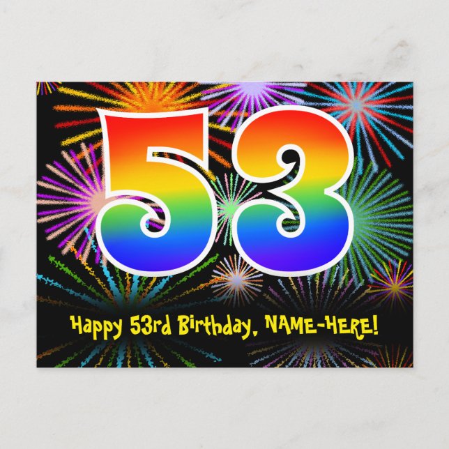 53. Geburtstag - Fun Fireworks Pattern + Rainbow 5 Postkarte (Vorderseite)