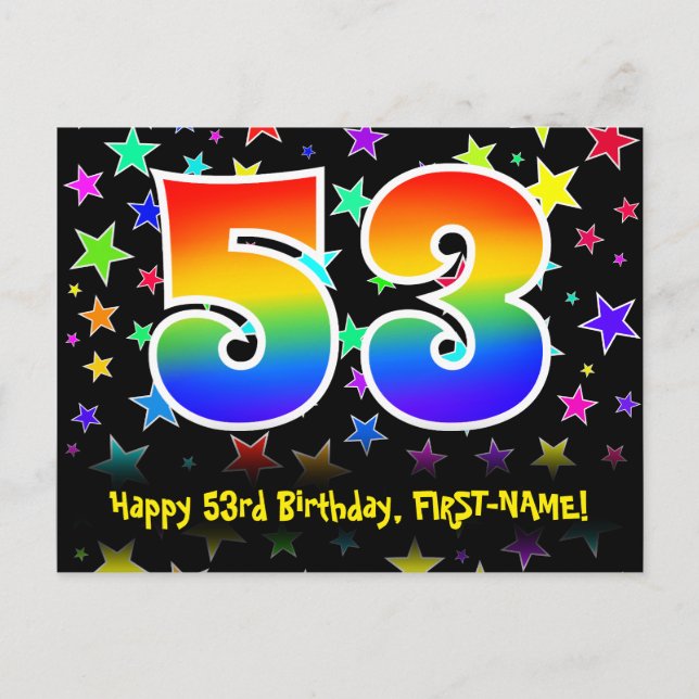 53. Geburtstag: Fun Stars Muster, Regenbogen 53, N Postkarte (Vorderseite)