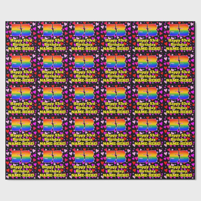 53. Geburtstag: Loving Hearts Pattern, Regenbogen  Geschenkpapier (Flach)