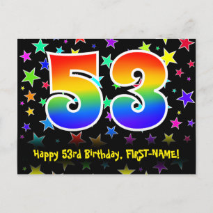 53. Geburtstag: Lustiges Sterne-Muster, Regenbogen Postkarte