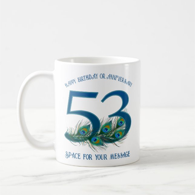 53. Geburtstag oder Jubiläum Pfauenfeder Kaffeetasse (Links)