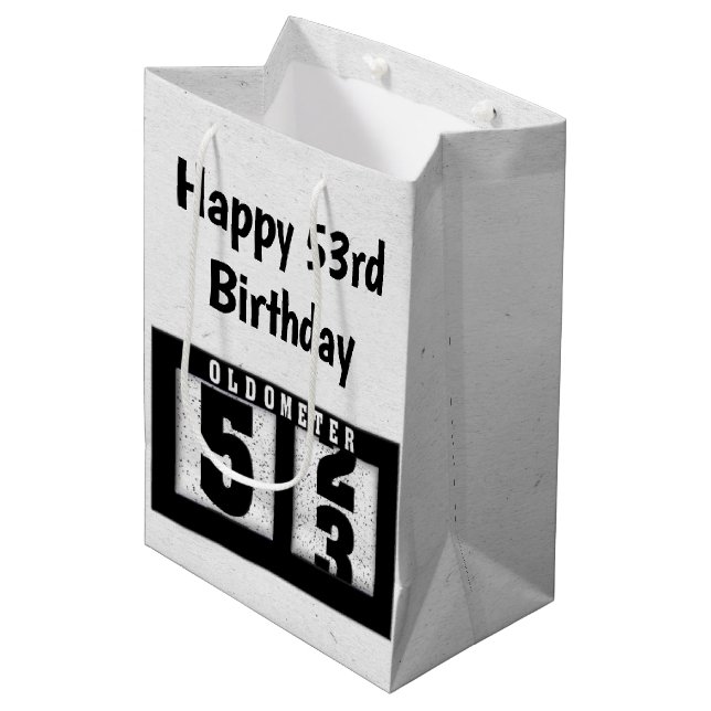 53. Geburtstag Schwarzer Odometer Mittlere Geschenktüte (Vorderseite Schrägansicht)