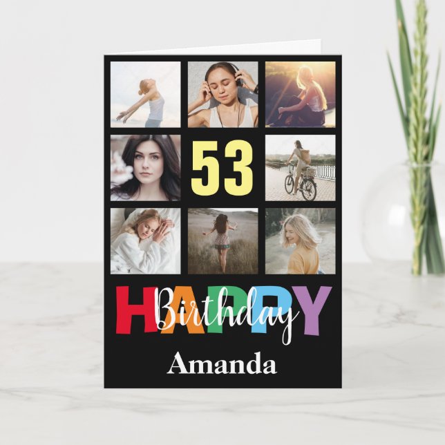 53. Happy Birthday Foto Collage Modern Black Karte (Vorderseite)