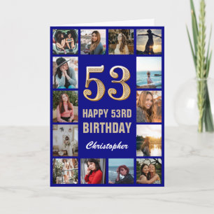 53. Happy Birthday Navy Blue & Gold Foto Collage Karte