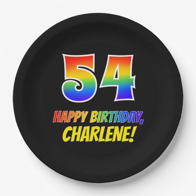 54. Geburtstag: Bold, Fun, Simple, Rainbow 54 Pappteller (Vorderseite)