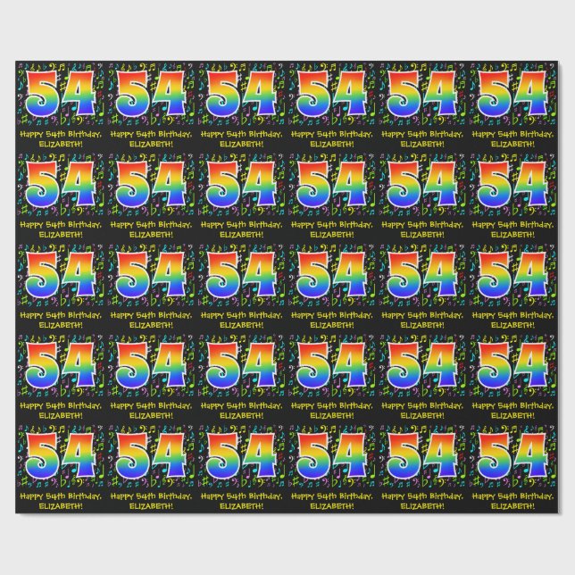 54. Geburtstag: Farbige Musiksymbole, Regenbogen 5 Geschenkpapier (Flach)