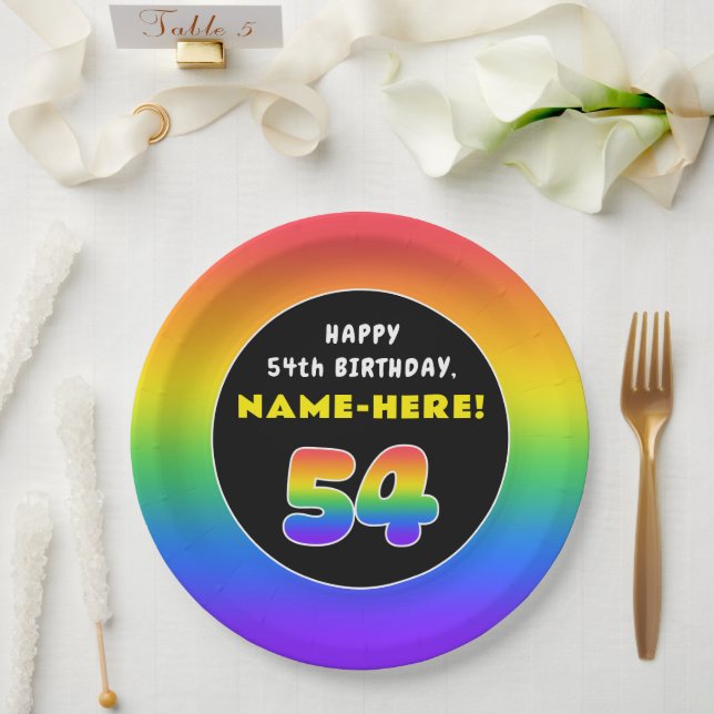 54. Geburtstag: Farbiger Regenbogen # 54, Individu Pappteller (Hochzeit)