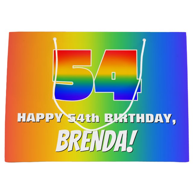 54. Geburtstag: Farbiges, lustiges Regenbogenmuste Große Geschenktüte (Vorderseite)