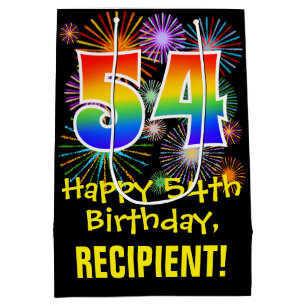 54. Geburtstag: Fun Fireworks Pattern + Rainbow 54 Mittlere Geschenktüte