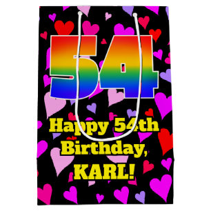 54. Geburtstag: Loving Hearts Pattern, Regenbogen Mittlere Geschenktüte