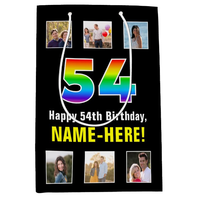 54. Geburtstag: Regenbogen "54", kundenspezifische Mittlere Geschenktüte (Vorderseite)