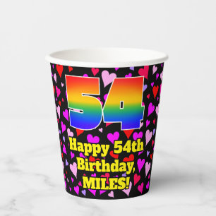54th Birthday: Loving Hearts Pattern, Rainbow 54 Pappbecher