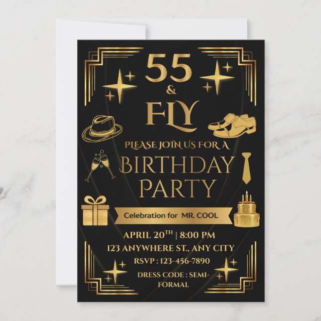 55 & FLY 5X7 CORNERED STYLE MEN'S BIRTHDAY PARTY EINLADUNG (Vorderseite)