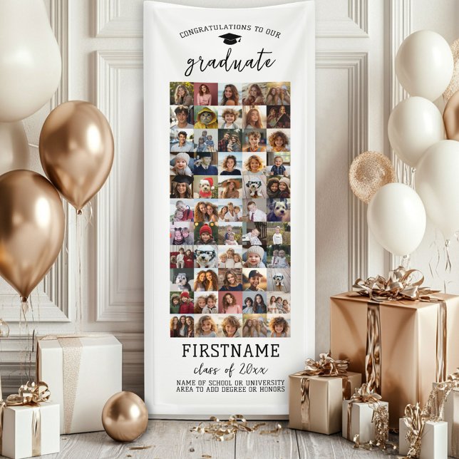 55 Foto Collage Abschluss Moderner Minimal Weiß Banner (Custom Graduation Banner - Great for a backdrop or Grad Party Decoration)