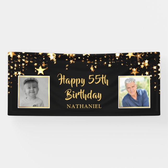55. Geburtstag Black Gold Stars Fotos Personalisie Banner (Horizontal)