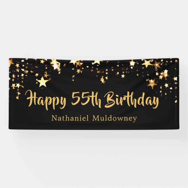 55. Geburtstag Brush Script Black Gold Stars Banner (Horizontal)