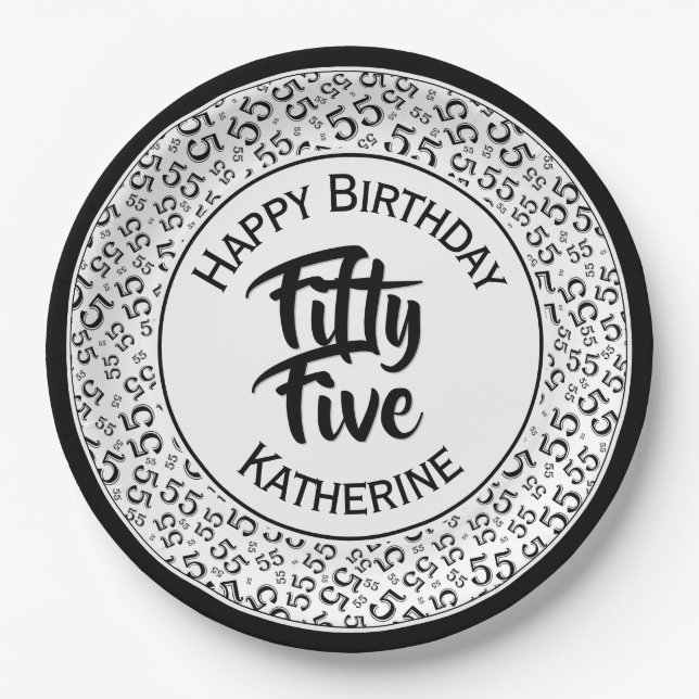 55. Geburtstag Cooles Zahlenmuster Schwarz/Weiß Pappteller (Vorderseite)