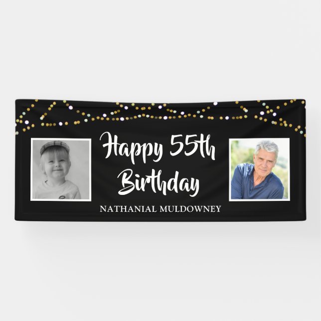 55. Geburtstag Dann & Jetzt Fotos leuchten schwarz Banner (Horizontal)