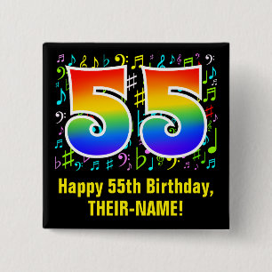 55. Geburtstag: Farbige Musiksymbole, Regenbogen 5 Button